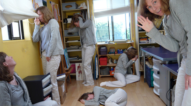 Multiple images of the same woman wearing grey pants and a grey cardigan standing or lying on the ground in a loft with two windows and yellow walls.