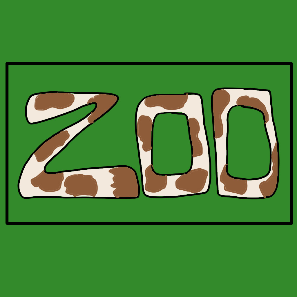 the word zoo is spelled out in giraffe coloring and enclosed in a black rectangle on a green background
