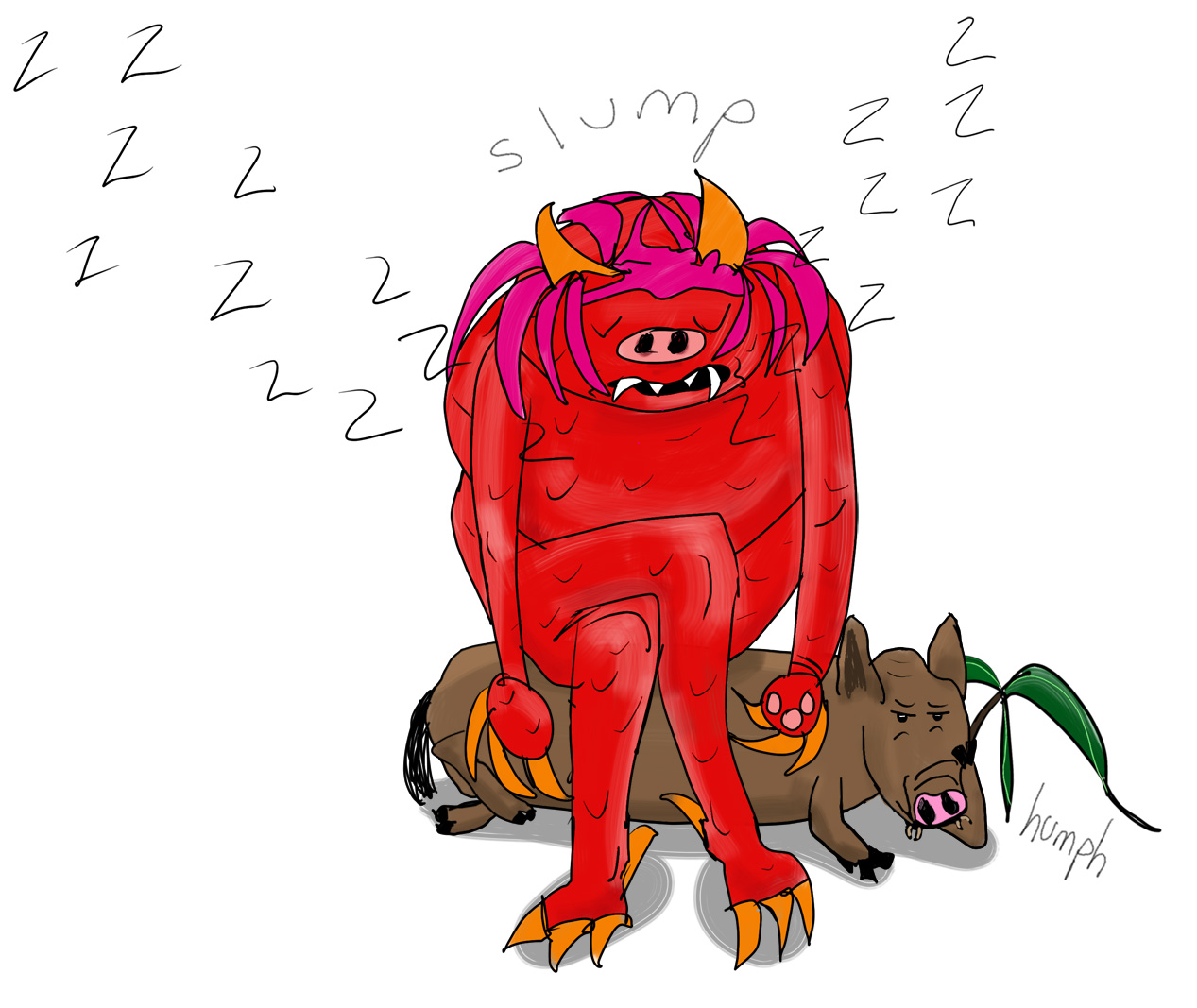 A red monster with yellow horns sleeps while sitting on a frustrated boar.