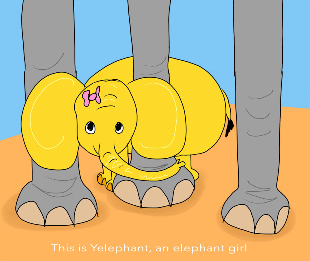 A young yellow elephant wearing a pink bow hides among the lower legs of a tall grey parent elephant.